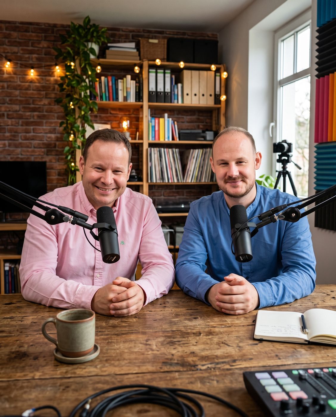 Georg und Bernhard am Podcast-Tisch, beide lächeln in die Kamera