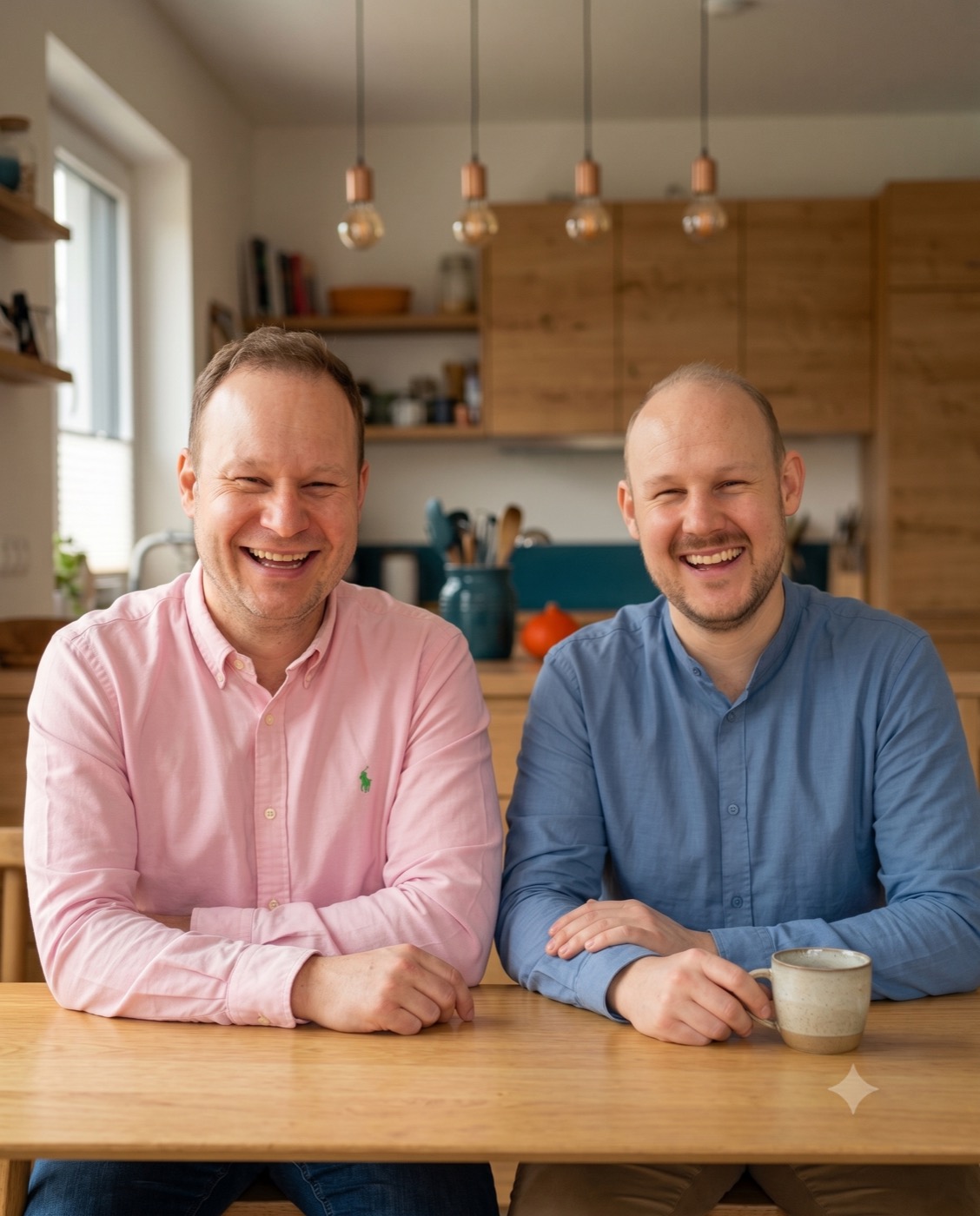 Georg und Bernhard lachend am Küchentisch in der Wohnküche